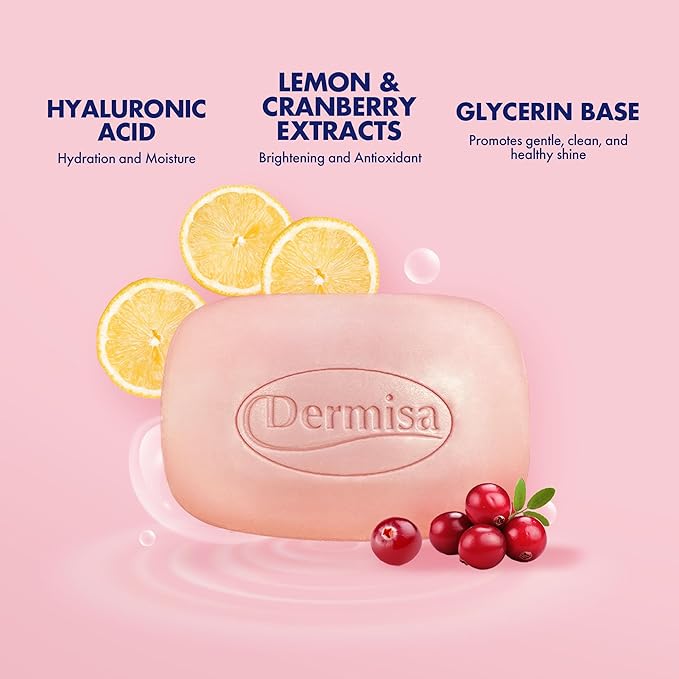 Dermisa Super Plus Brightening Bar Soap with Hyaluronic Acid, Lemon and Cranberry Extract, Maximum Moisture Soap for Even Skin Tone and Elasticity, 3.0 Oz, Pack of 3