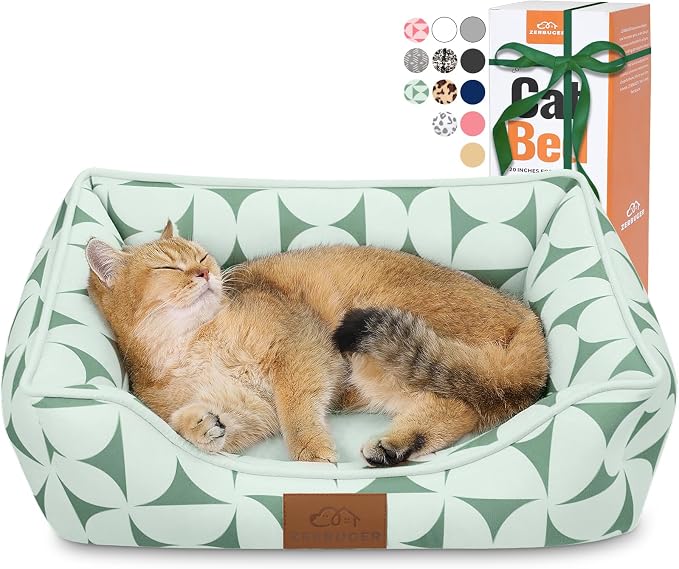 Zerbuger 20in Green Pattern Rectangle Cat Dog Bed Machine Washable Sofa | Sleeping for Large Medium Small Pets Indoor Outdoor, Non-Slip Bottom Soft Puppy Bed Durable Orthopedic Calming Pet Cuddler