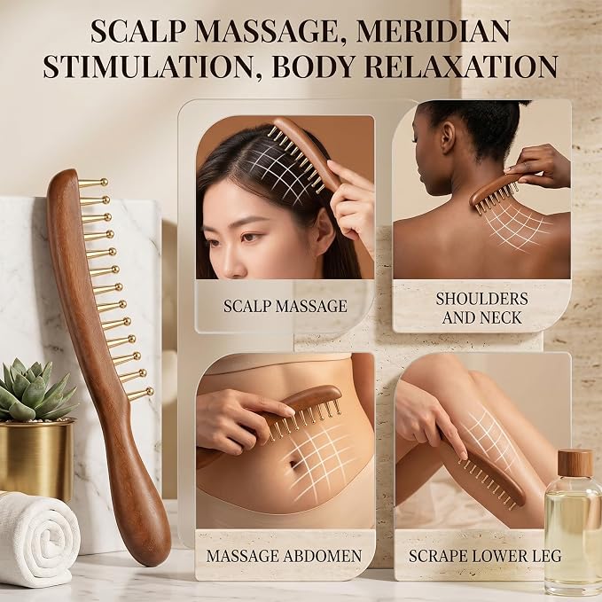 YUXIANLB Copper Sandalwood Wide Tooth Massage Comb, Rounded Bristles | meridian, acupuncture, gua sha tool, detangling sandalwood, reduces frizz and static, for hair growth scalp body relaxation