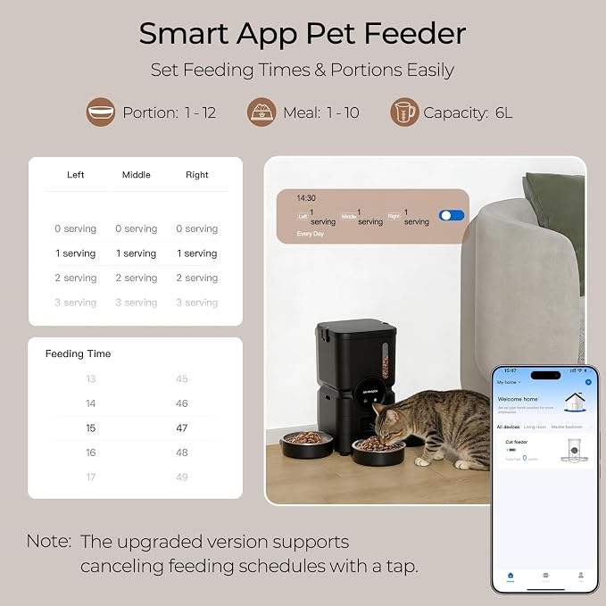 Automatic Cat Feeder for 3 Cats, 6L 5G WiFi Feeder, Slow Feed, Black | 3-bowl system with app scheduling, 15-day battery backup, stainless steel bowls, and sealed freshness protection.