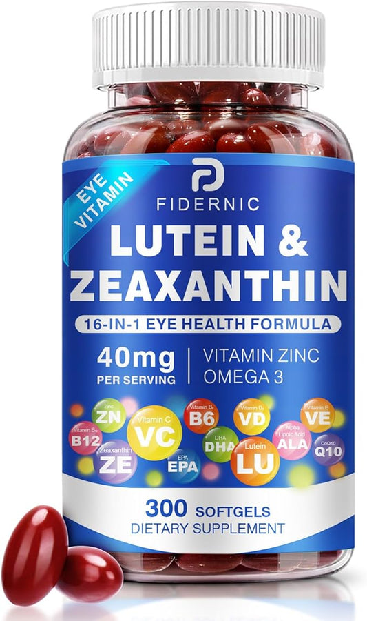 Lutein and Zeaxanthin Supplement - Eye Vitamins, 40 mg Lutein & 8 mg Zeaxanthin with Vitamins C, E, Zinc, Omega-3 & CoQ10 for Blue Light Protection, Eye Health Support, Eyebright  - 300 Softgels