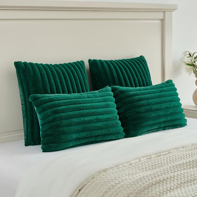 FUTEI Pack of 2 Faux Fur Throw Pillow Covers 12x20 Inch, Emerald Green | Fluffy Faux Rabbit Fur Front/Premium Velvet Back,Hidden Zipper,Machine Washable,Non-Shedding,Colorfast,Insert Not Included.