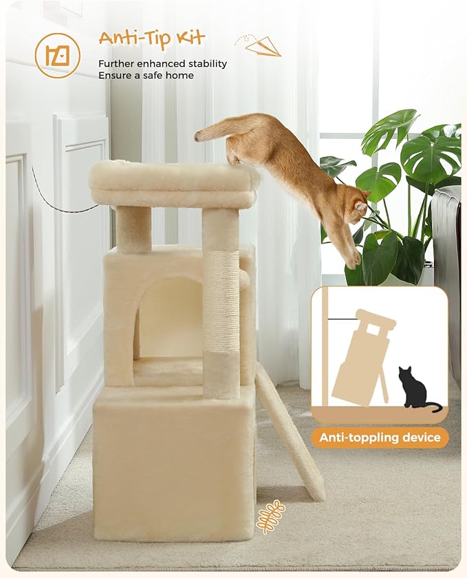PAWZ Road 30" Cat Tower, Small Cat Tree with 2 Condos for Indoor Cats | cat trees for small cats,cat houses with scratching ramp and posts,dual condos&top perch for multi-cat