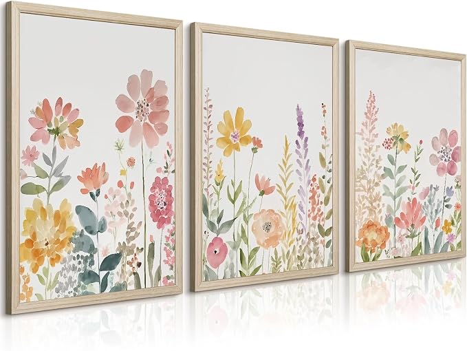Watercolor Wildflower Wall Art Decor Colorful Flower Pictures Canvas Floral Botanical Wall Art Vintage Prints Poster Floral Painting Artwork for Living Room Bedroom 16x24 Inch Framed Set of 3