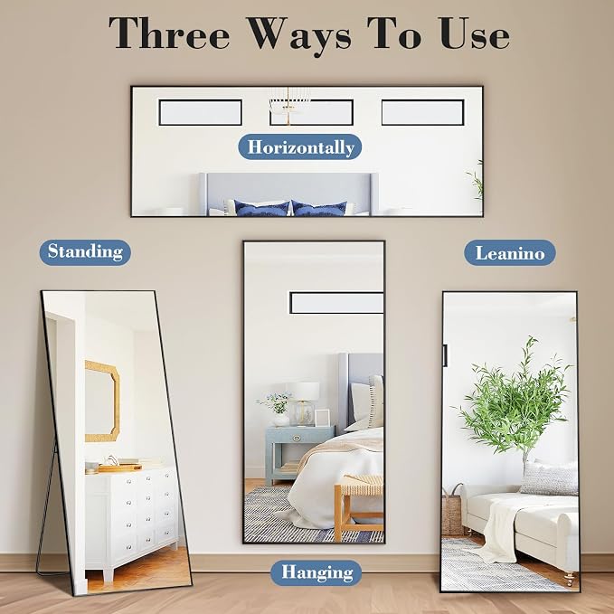 DUMOS 19"x58" Full Length Mirror with Stand, Full Body Floor Mirror | Free Standing or Wall Mount, Nano Glass Aluminum Frame, Hanging or Leaning, Modern Simple Home Decor, Black