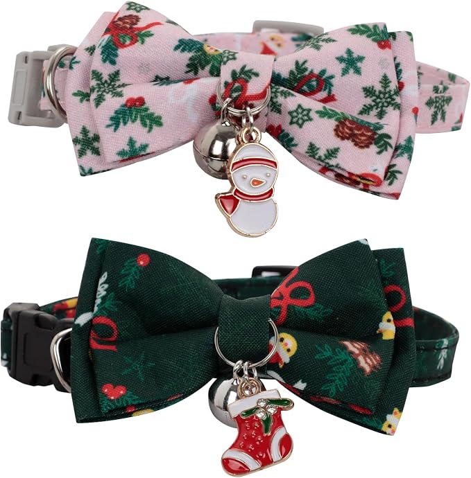2 Pack Christmas Cat Collars with Bow Tie & Bell, Green & Pink Breakaway Kitten Collar, Adjustable Safety Holiday Collar for Girl Boy Cats