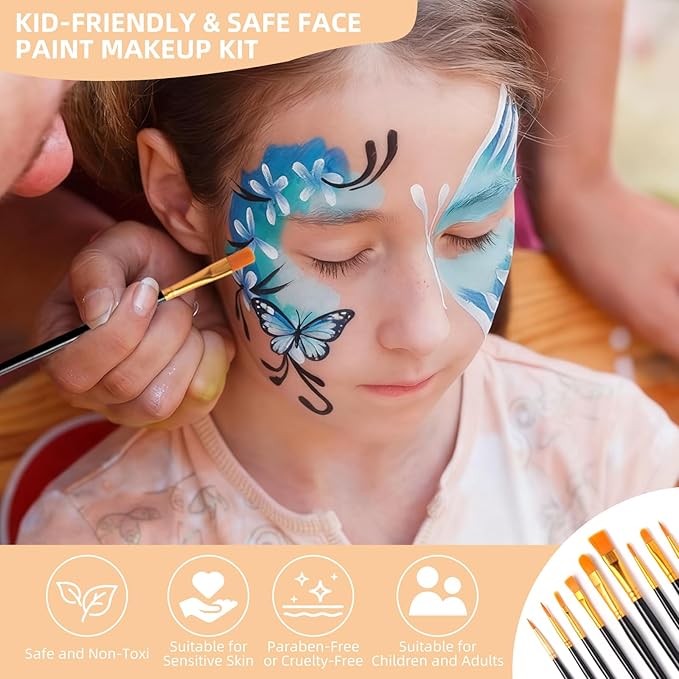 Face Painting Kit for Kids with Book,Stencils,Brushes,Non Toxic Water Activated Face Paint Palette For Halloween,Carnival,Party Costume Makeup Any Creative Activity with Kids(54 Colors)