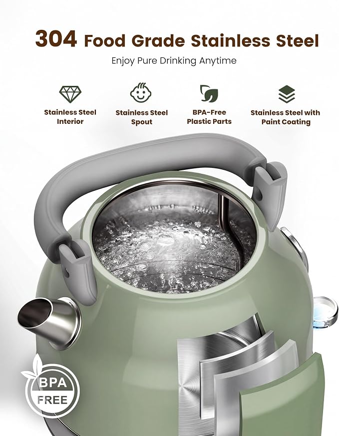Amaste Electric Kettle, Retro Electric Tea Kettle with Thermometer, 57 Oz Hot Water Kettle for Coffee & Tea, 304 Stainless Steel, 1500W Fast Boiling, Auto Shut-Off & Boil Dry Protection, Matcha Green