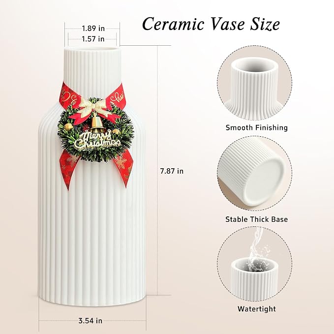 Pure White Ceramic Flower Vase for Christmas, Minimalist Modern Home Decor, Matte Finish Pampas Grass Vase for Table, Fireplace, Shelf, Mantel, Entryway and Centerpieces