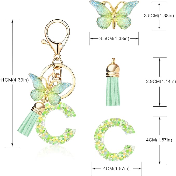 Fashion Alphabet Initial Letter Keychain Tassel Butterfly Pendant Key Ring for Purse Handbags Women Girl
