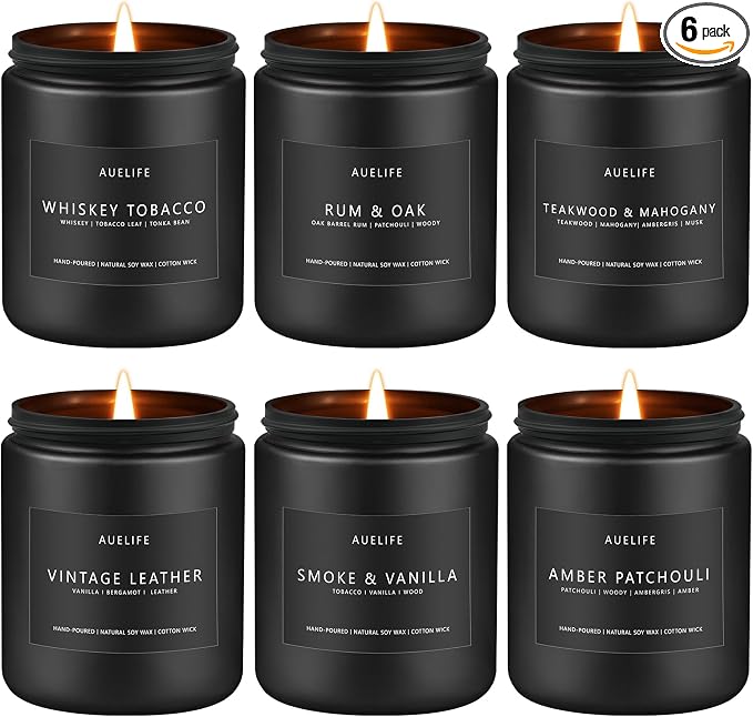 Scented Candles Set | Gifts for Men - 6Pack Candle Set - Masculine Candle, Soy Candles for Home Scented, Aromatherapy Gift - Fragrance of Smoke Vanilla/Leather/Mahogany/Tobacco/Oak/Amber Patchouli
