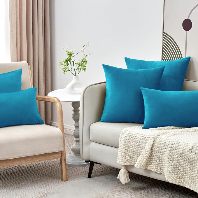 Throw Pillow Covers Decorative Velvet Set of 2 12x20 Inch Pillow Covers, Soft Teal Lumbar Pillowcases for Couch Sofa Bed Living Room, Farmhouse Home Boho Decor, Accent Cushion Covers