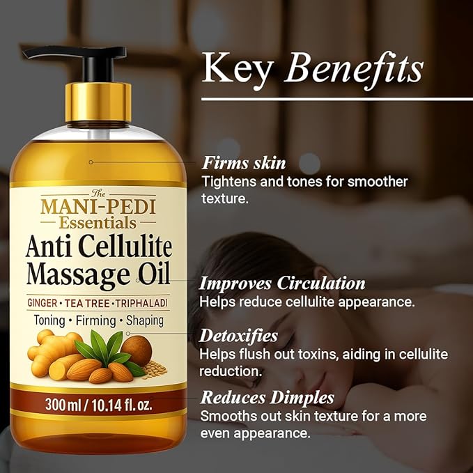 Anti Cellulite Massage Oil with Ginger Oil, Tea-Tree Oil & Natural Herbs for Toning, Firming & Shaping. 100% Natural Ingredients, Non-Sticky Texture - 10 Fl Oz