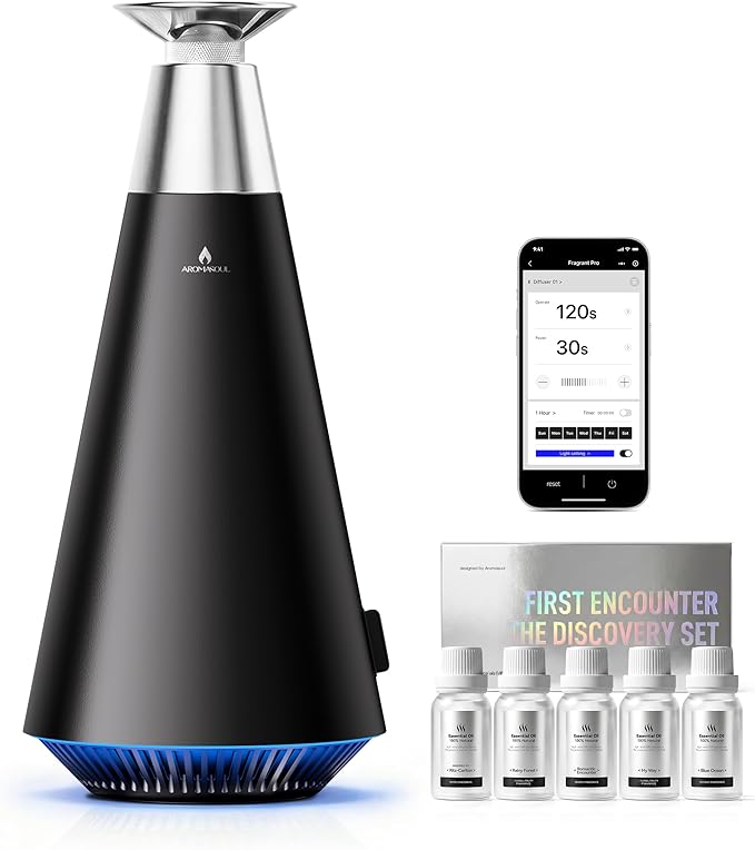 All-Metal Waterless Scent Diffuser Kit – 1500 Sq.Ft Coverage, Wireless Rechargeable,App Control, Mood Light, Hotel Scent Diffuser, Includes 5×15ml Essential Oils, for Home,Large Room,Spa,Black