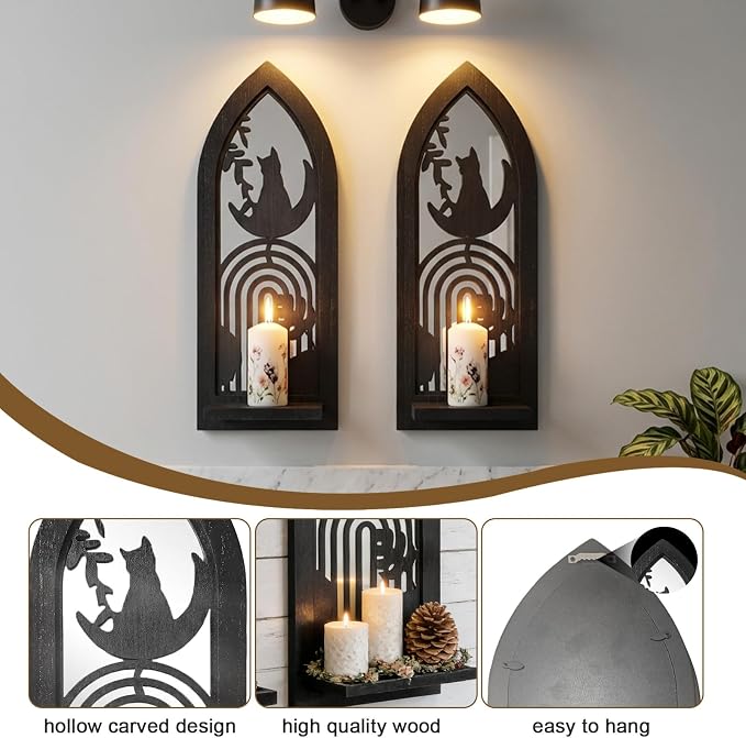ZEXUIRU 2 Set Rustic Candle Sconces Living Room Bedroom Entryway Wood Mirrored, Farmhouse, Carved Frame Wall-Mount Wooden Candle Holders Wall Decor Hanging Handmade Holder - Black