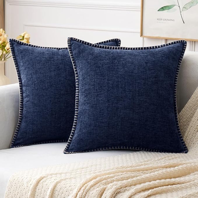 MIULEE Decorative Couch Throw Pillow Covers 18x18 Inch Navy Blue 2 Pack | Farmhouse Pillow Covers with Stitched Edge, Soft Chenille Cushion Cases, for Sofa Bed Living Room Home Decor
