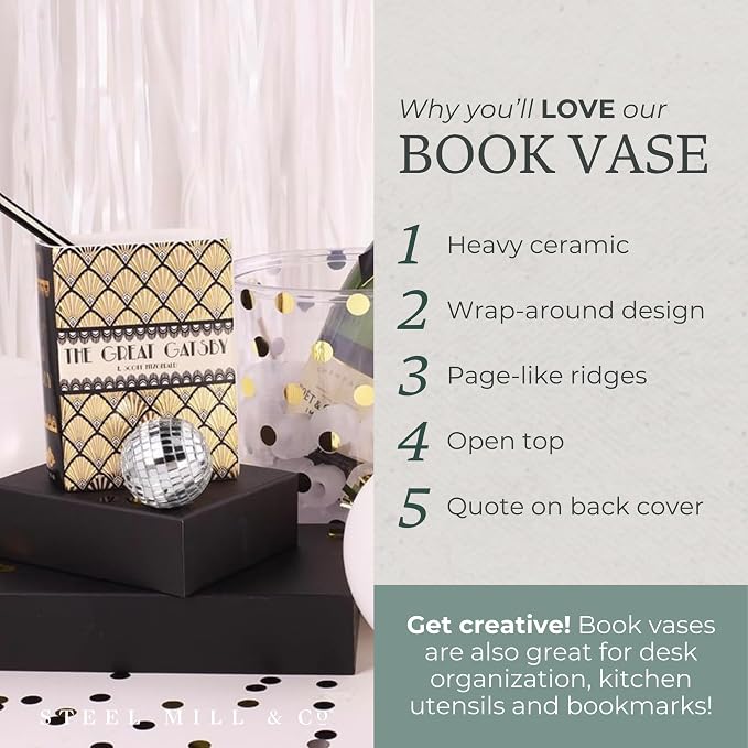Steel Mill & Co. Ceramic Book-Shaped Vase, The Great Gatsby | Original Small Decorative Vases for Home Decor, Cute Classic Bookshelf Decor with Gold Foil, Unique Vase for Book Lovers