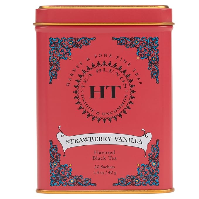 Harney & Sons Strawberry Tea Bags – Strawberry Vanilla Black Tea, Premium Pyramid Sachets, Hot or Iced Fruity Tea, 20 Count
