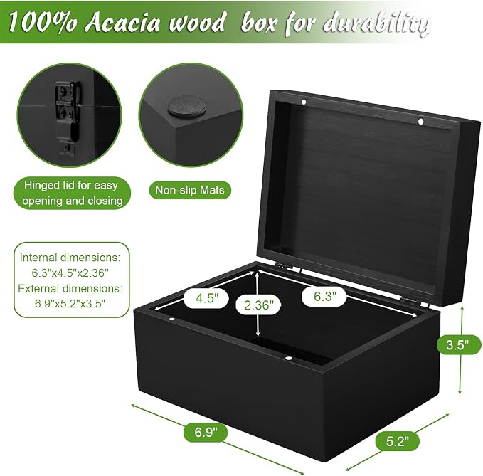 DRASTAR Small Keepsake Box, Black Wood Memory Box with Hinged Lids, Wooden Jewelry Storage Box,3x5, 4x6 Decorative Card Box, Bridal Shower Gifts