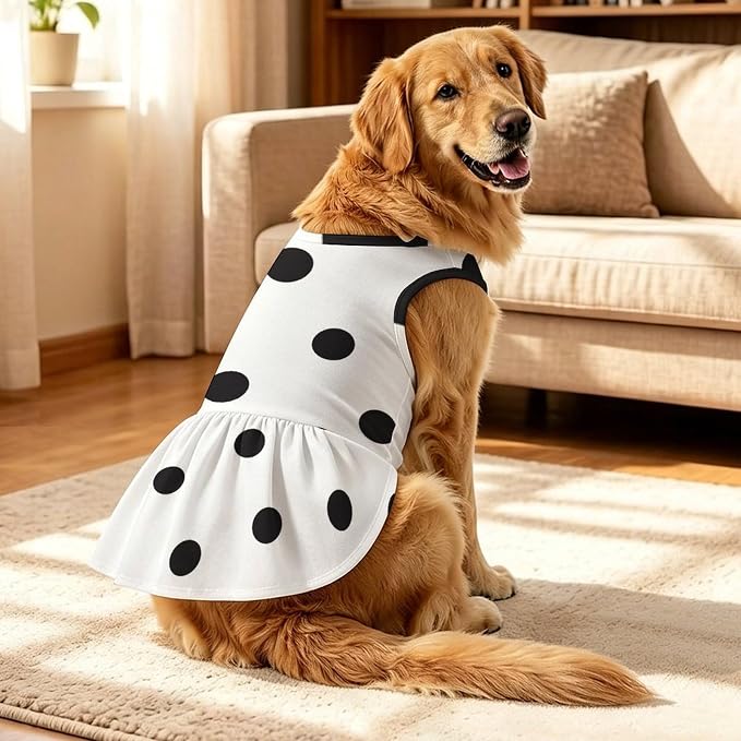 Large Dog Dress - Girl Pet Clothes Outfit, Black Polka Dots Pri A2 | Poly Blend,Soft Breathable,Large Dog Dress,Ruffle Hem,Summer Wear,Vest Apparel,Walking,Party,HolidayLightweight,Easy Care