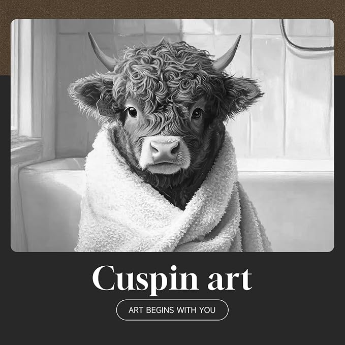 Framed Funny Highland Cow Bathroom Wall Art, 4 Piece Black and White Canvas Painting Prints, Fun Western Cow on Toilet in Bathtub Picture for Western Rustic Farmhouse Bathroom Home Decor, 11x14 Inch