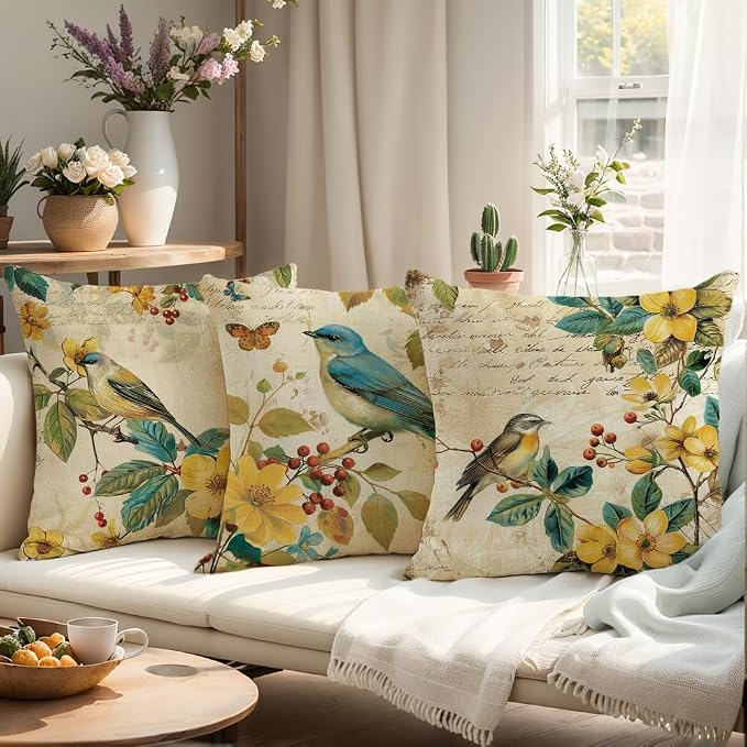 wyooxoo Spring Pillow Covers 18x18 Set of 4 Summer Farmhouse Throw Pillow Covers Floral Bird Decorative Cushion Cases for Sofa Couch Outdoor Bedroom