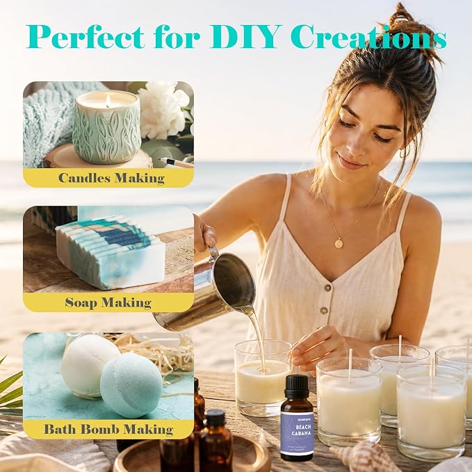 AmaKane Beach Cabana Fragrance Oil, Beach Essential Oil for Diffuser, Summer Fragrance Oil for Candle Making, DIY Soap Making Scents, Diffuser Oils for Home, Aromatherapy Oils, 30ml
