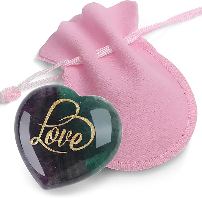 ZHIYUXI 45mm Fluorite Crystal Engraved Heart Crystal Stone Healing Gifts Gemstones Heart Rocks Polished Stones Fluorite Gem Meditation Gifts for Women Men Reiki Energy Balance