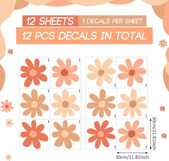 TaoBary 12 Sheet Daisy Wall Sticker Decal,Orange,Colorful Classic Style | Big Flower Wall Sticker, Pink White Floral Decal, Daisy Bedroom Room Decor, Removable Peel and Stick, Nursery Home Wall Decor