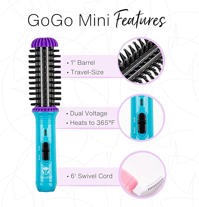 CALISTA GoGo Mini Heated Round Brush | Curl, Touch-Up, De-Frizz, and Style Hair with the Mini 7” Styling Tool | Heats to 365°F | Perfectly Designed Travel Tool | Dual Voltage (Retro Floral)