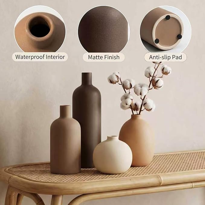 Neutral Ceramic Vase Set of 4, Modern Colors Home Decor, Rustic Farmhouse Decorative Flowers Vases for Bouquet, Pampas | Table Mantel Centerpiece Bookshelf Living Room Bedroom (Neutral Mix Set of 4)