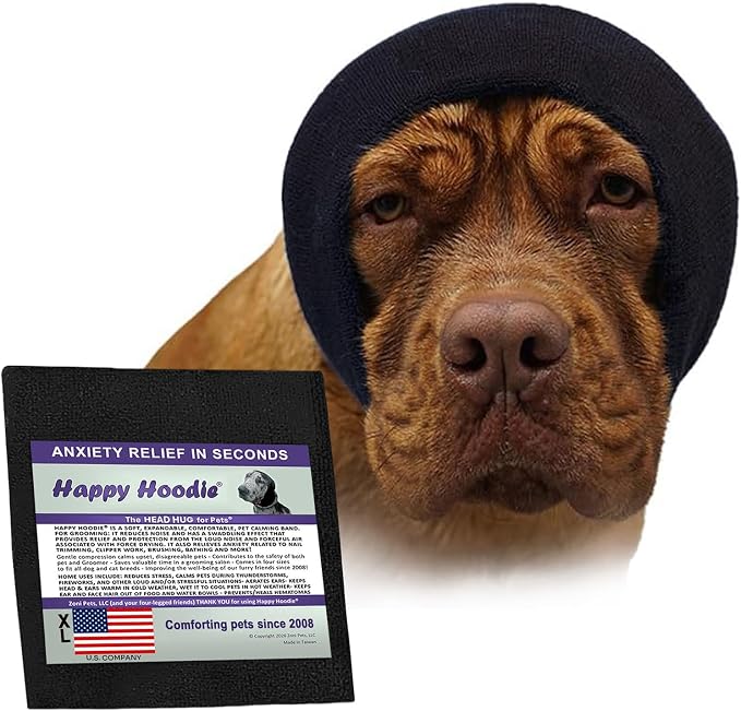 Happy Hoodie The Original Dog & Cat Calming Band - American Brand - Anxiety Relief/Noise Protection-Grooming-Thunder-Fireworks (X-Large, Black) - Since 2008