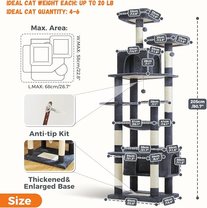 PAWZ Road XXL 81" Cat Tree Large Cats with Big Condos,Perches Sisal Posts | 20"x16" hammock for adult cats, tall cat tower with 7 scratching posts, dual perch and large condo for big maine cats