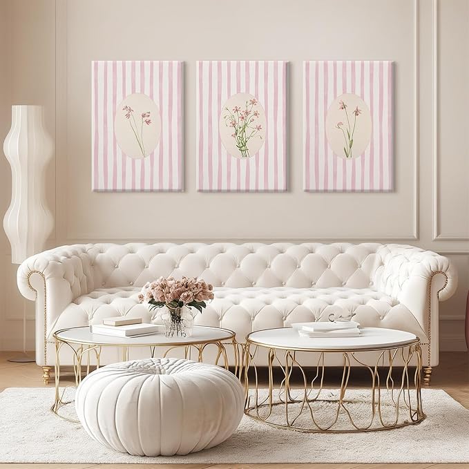 Pink Flower Wall Art Striped Floral Prints Botanical Canvas Wall Decor Aesthetic Pictures Pastel Pink Floral Poster Minimalist Flower Painting for Girl Room 12x16 Inch Wrapped Canvas Set of 3
