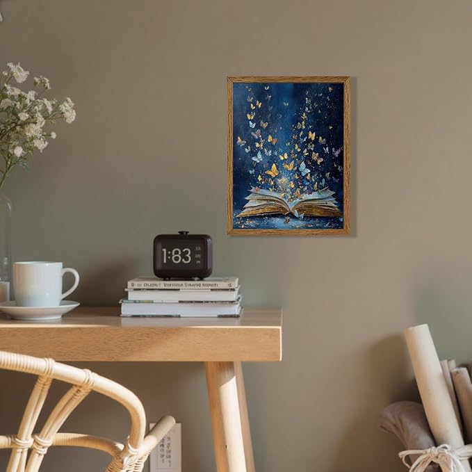 JLTULT Book Wall Art with Butterflies, Solid Wood-Framed Canvas, 8 x 10 in | Blue open-book art with butterflies on fade-resistant canvas and a ready-to-hang solid wood frame for bedrooms and studies