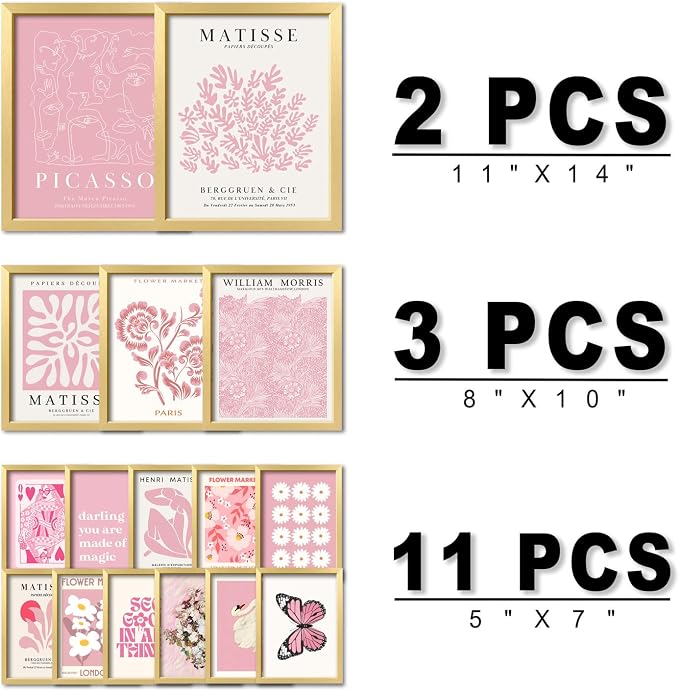 16 PCS Framed Pink Wall Art Decor, Matisse Wall Prints for Bedroom, Gallery Wall Frame Set, Minimalist Posters for Living Room Aesthetic, Collage Kit, Teen Girls Dorm Home Artwork