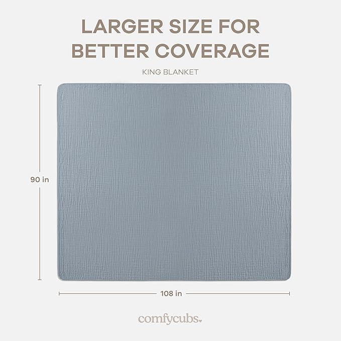 Comfy Cubs Adult Muslin Blanket 108x90” King Swaddle Blankets, Pacific Blue | 6 Layer Soft, Breathable & Lightweight Muslin Adult Blanket - Machine Washable & Designed in the US Bedding for All Seasons