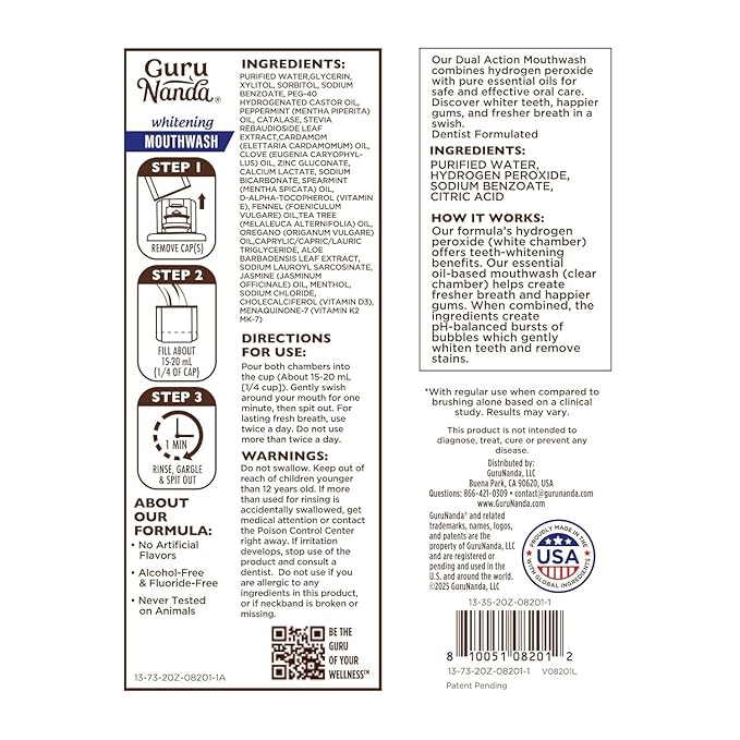 GuruNanda Teeth Whitening Dual Barrel Oxyburst Mouthwash - Alcohol & Fluoride Free, Hydrogen Peroxide to Promote Whiter Teeth - Wild Mint - 20 Fl Oz