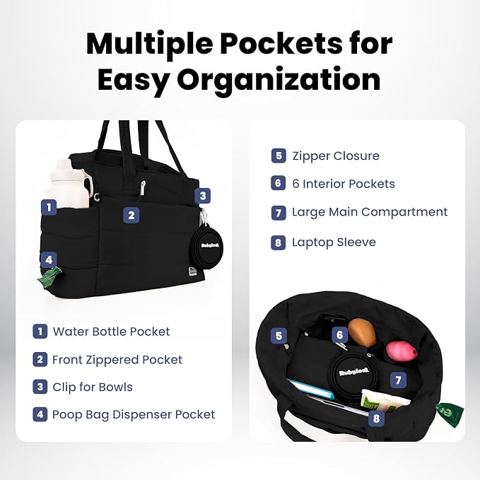 Rubyloo Puffer Dog Travel Bag for Dog Moms, Diaper Bag with Travel Bowls