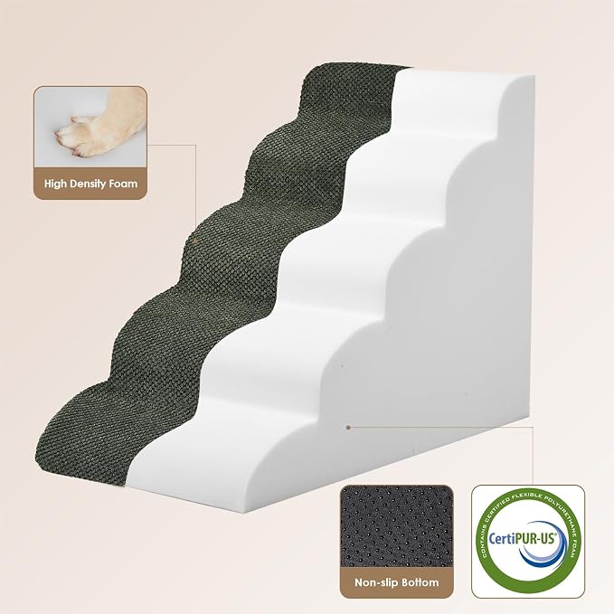 EHEYCIGA Curved Dog Stairs Ramp, 5-Step High Beds, 22.6" H Pet Step | 33D density of pure foam, for Small Dogs and Cats, Pet Stairs for High Bed Climbing, Non-Slip Balanced Indoor, Military Green
