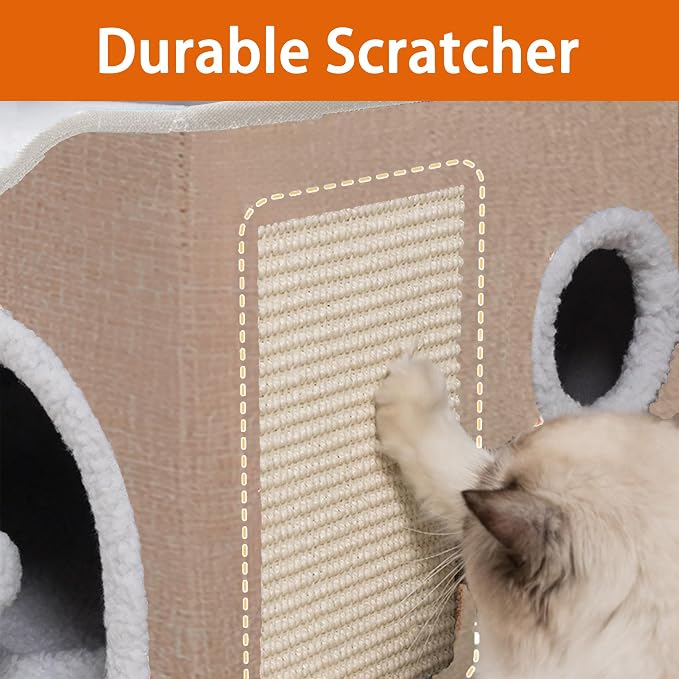 Loyareal Cat Houses for Indoor Cats - Large Cat Bed Cave with Scratch Pad and Fluffy Ball, Foldable Cat Condo Hideaway with Reversible Cushion for Multi Small Pet, Khaki