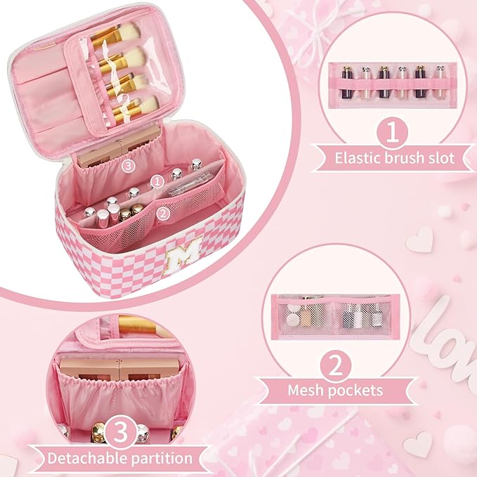 OCHEAL Makeup Bag Valentines Day Gifts for Women, Monogram Cosmetic Bag Pink Travel Makeup Case Beauty Toiletry Bag Organizer Personalized Gifts for Girls Bridesmaid, Sister, Wife, Friends Initial M