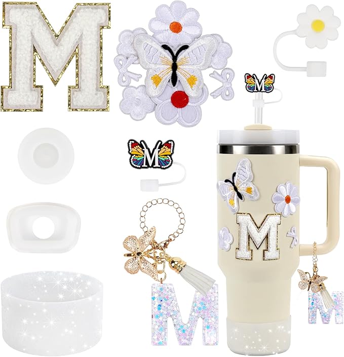 15PCS Cup Accessories Set for Stanley Cup 30oz 40oz Tumbler with Handle, Including Silicone Straw Cover and Boot, Spill Proof Stopper, Stanley Charms, Handle Charm, Initials Sticker