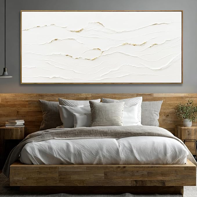 Extra Large Framed White Gold Textured Wall Art for Living Room 32x70 Inch