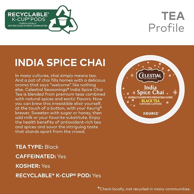 Celestial Seasonings India Spice Chai Black Tea, Single-Serve Keurig K-Cup Pods, 96 Count