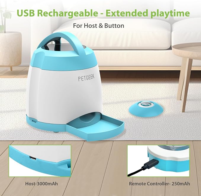 PETGEEK Dog Treat Dispenser Toy, USB-Charged Interactive Toy for IQ Play | Remote Push Button Control, 400ml Capacity Upgraded 3000mAh, Relieves Boredom, Blue Slow Feeder for Indoor& Outdoor Play