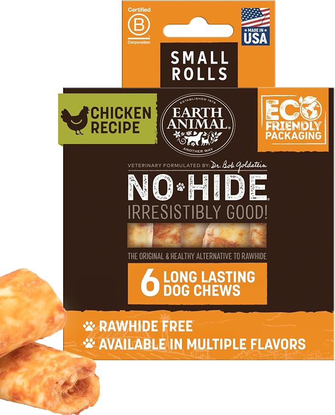 Earth Animal No Hide Dog Chews - Rawhide Free Small Rolls 6 Count Chicken | Small Rolls Chicken Flavored Natural Rawhide Free Long Lasting Dog Chews - Pet Treats for Small Dogs