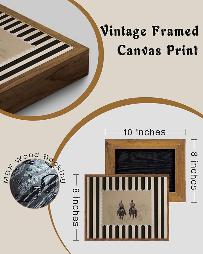 ZZLWBKGL Western Wall Decor Vintage Framed Wall Art Cowboy Canvas Art | Rustic Striped Artwork Retro Stamp Picture Mid Century Paintings for Living Room Bedroom 8x10in