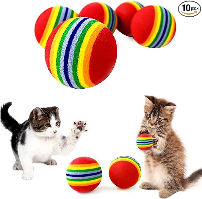 PET SHOW 10pcs 1.38" Red Rainbow Cat Toy Balls Soft EVA Foam Interactive Indoor Kittens Favorite Toys 35mm Dia. Small Dogs Puppies Toy Balls Bulk Activity Chase Quiet Play Sponge Ball