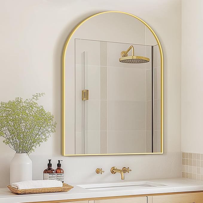 Arched Bathroom Mirror for Wall, 40" x 28" Metal Frame Vanity Mirror, Gold | Aluminium Alloy Frame, HD Shatterproof Glass, for Bathroom Over Sink , Entryway, Bedroom, Living Room